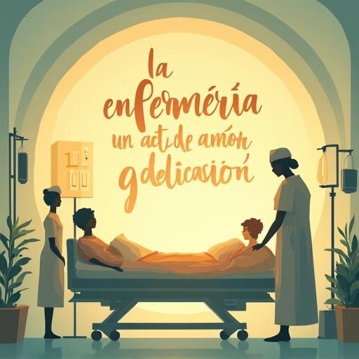 Beautiful design inspired by early 20th century Art Nouveau posters. Soft lines and simple shapes. Bright, warm colors. Image represents an intensive care unit in a hospital. Soft yellow, orange, and light blue tones. Evokes warmth and hope. A nurse cares for patients with delicate silhouettes. Reflects dedication and love in caregiving. Includes the phrase: La enfermería, un acto de amor y dedicación.