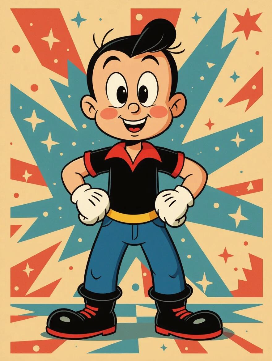Ultra-high resolution character design in 1930s animation style. Smooth limbs and exaggerated poses with bold vintage colors. Big expressive pie-cut eyes and gloved hands. Simple clothing with dynamic lines. Photorealistic lighting and slight plush texture. Outfit includes subtle urban elements with StreetGax logo. Transparent background for clarity in printing.