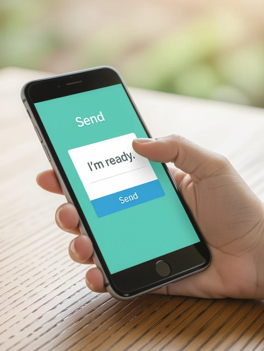 Close-up of a hand pressing a send button on a smartphone. Phone displays message saying I'm ready. The phone is placed on a wood table in a tranquil setting. Represents a quiet but bold action.
