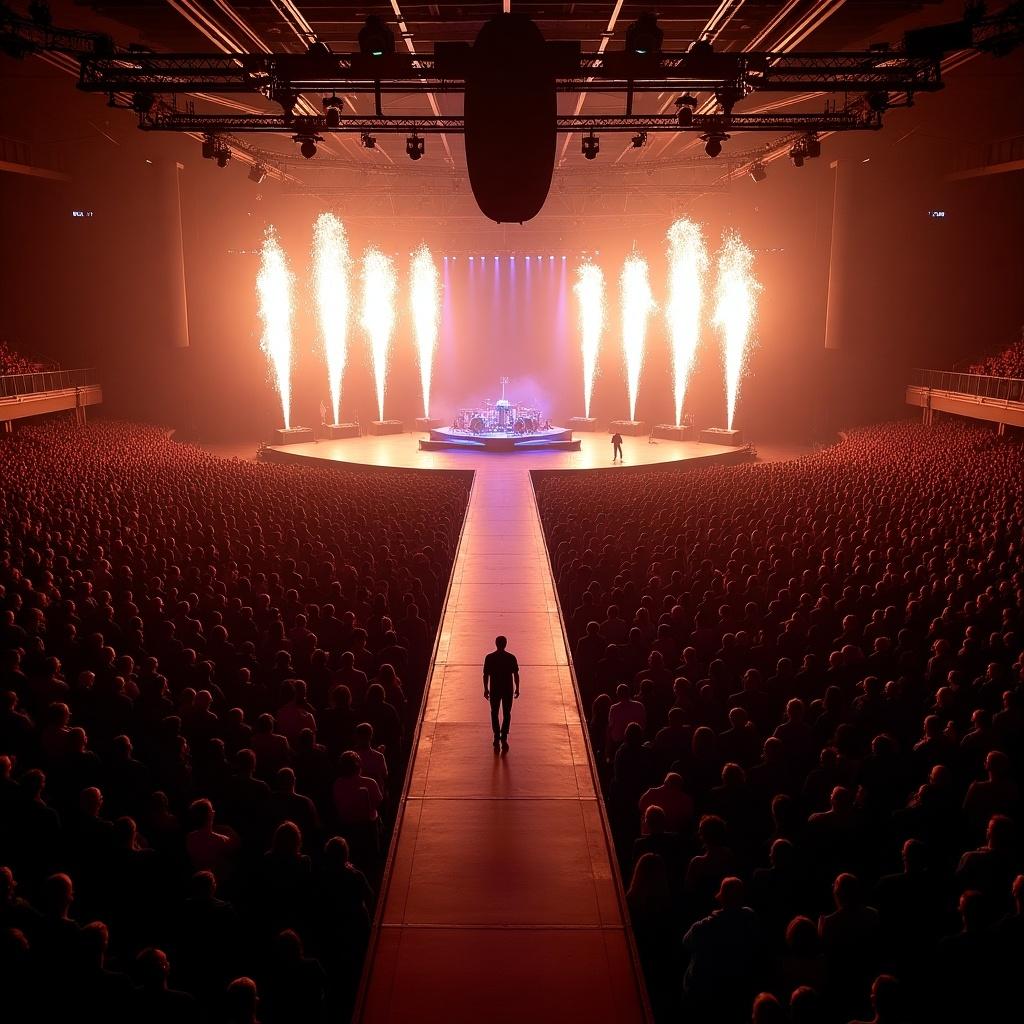 Drone view of a concert stage with a runway. Pyrotechnics light up the scene. Audience fills the arena. Energy and excitement in the atmosphere.