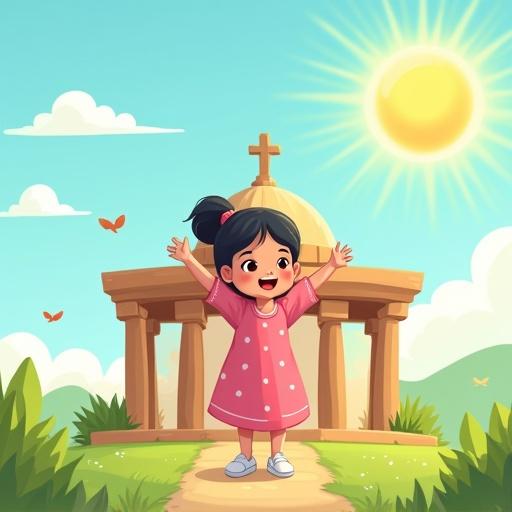 Cartoon-style illustration of a joyful girl in a pink polka dot dress. She celebrates in front of a symbolic wooden house with five pillars and a dome. Background features a sunny day with blue skies, fluffy clouds, green grassy hills, trees, and flying birds. Space at the top for a title.