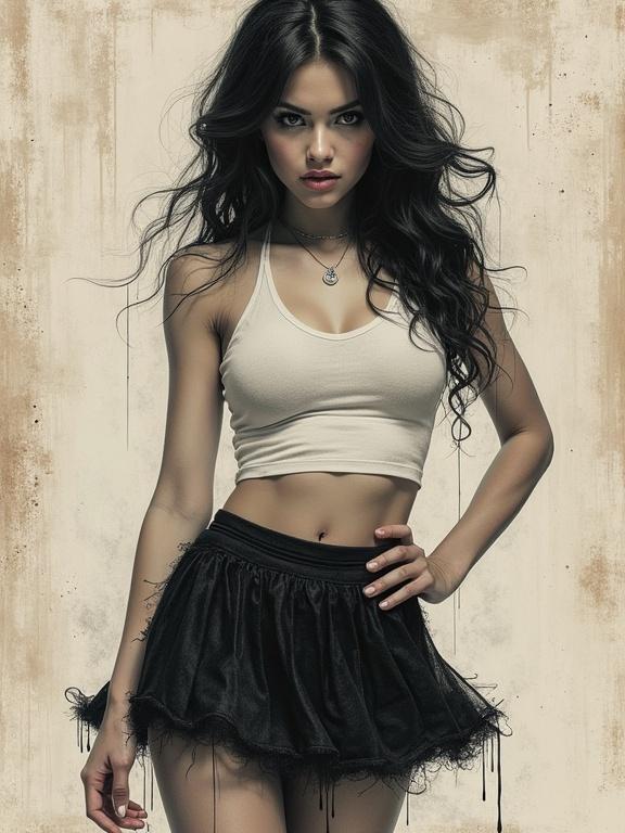 Oil splashed fantasy with texture play and multi-layered collage elements. Displaying a pinup girl with a short provocative skirt and direct gaze, in a wide shot with a dutch angle. Style features hyper-detailed graphite sketch with high contrast.