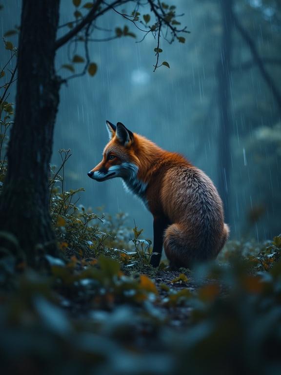 A fox sits under brush in a forest during rain. The scene features a slight bluish hue. The atmosphere is calm and reflective.