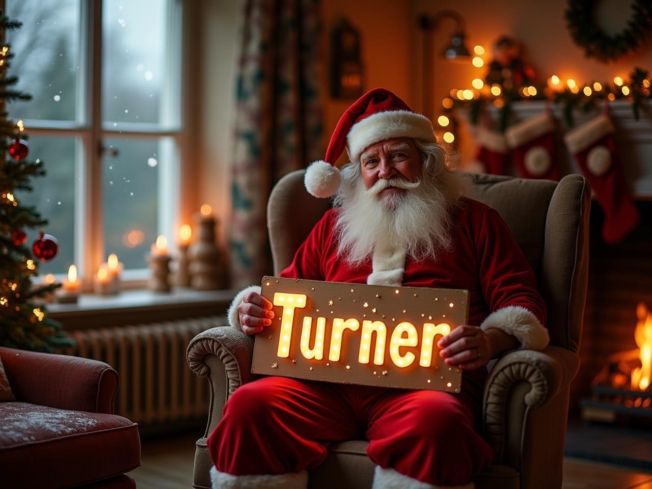 A cozy Christmas scene is set in a warm, inviting room. An individual wearing a classic Santa Claus outfit sits comfortably in a chair. He holds a glowing sign that reads 'Turner.' Snowflakes gently fall outside the window, adding to the festive atmosphere. In the background, a fireplace crackles with a cheerful fire, and stockings are hung on the mantle. Soft lights twinkle from a nearby Christmas tree, completing the enchanting holiday setting.