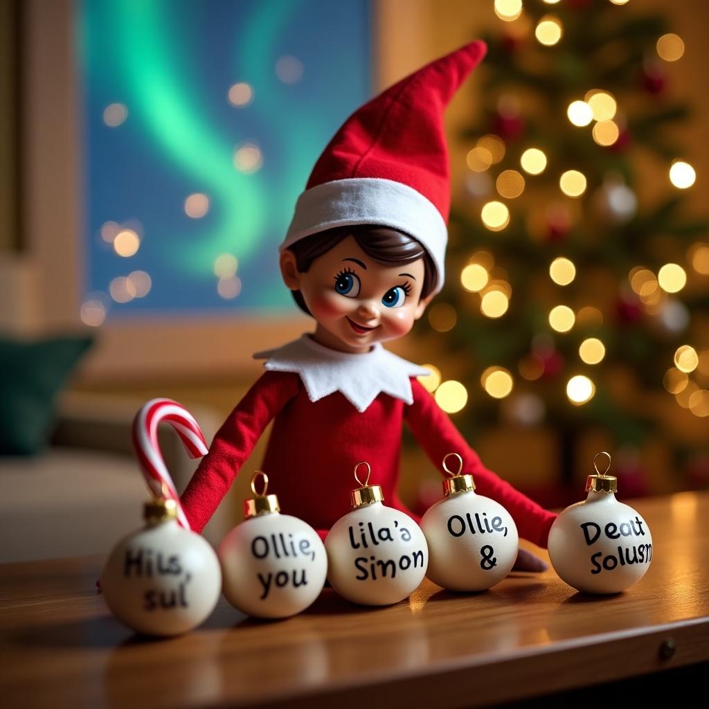 A Christmas elf is depicted sitting at a wooden table, cheerfully focused on writing names on decorative baubles. The elf, dressed in vibrant red attire and a hat, wears a playful expression as it holds a candy cane in one hand. The background features a beautifully lit Christmas tree adorned with twinkling lights, and the sky showcases the enchanting Northern lights. The baubles include the names 'Lila, Ollie, & Simon', adding a personal touch to the festive scene. This image evokes feelings of holiday cheer and warm anticipation for the season.