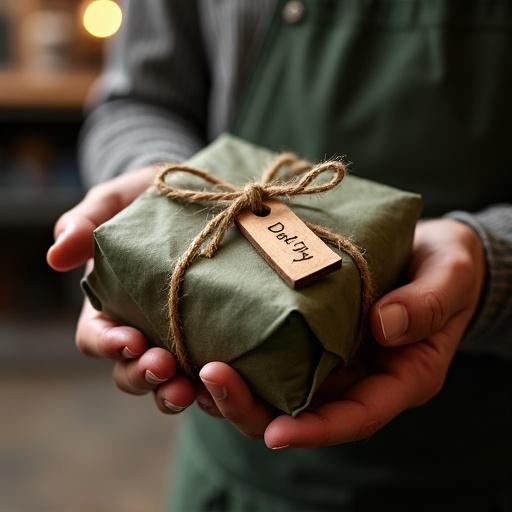 Sharp 4K image of a rustic Father's Day gift. Person's hands hold a gift in olive green paper. Gift is tied with jute rope. Wooden tag says 'Dad's Day'. Weathered hands suggest experience. Background is a blurred workshop with tools and warm lighting.