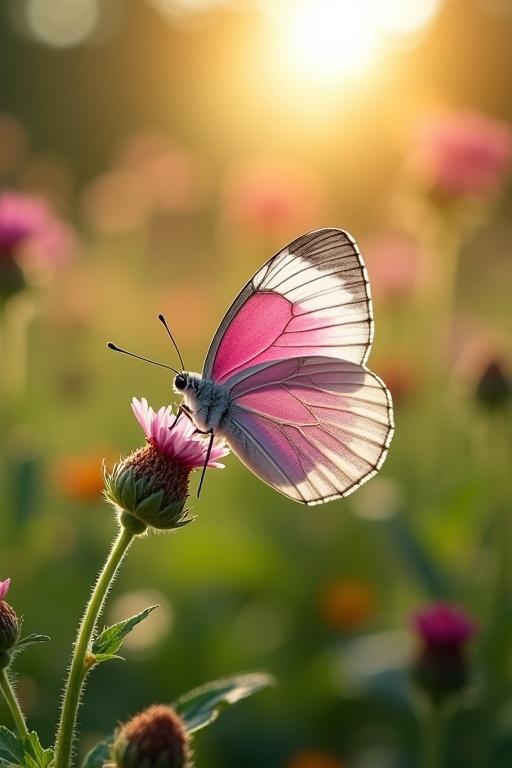 Butterfly with dark pink and white colors perched on a flower in a garden. Sunlight creates a warm, soft glow in the background.