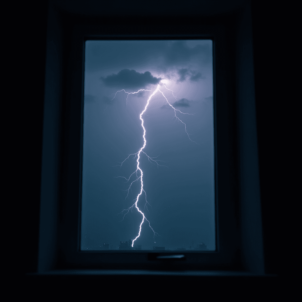 A bright lightning bolt captured through a window against a stormy sky.