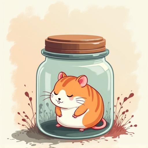 Cartoon of a sleepy hamster in a glass jar with a paint splatter background. Use muted pastel colors and create thin, gapped lines with large gaps. Style should be highly impressionistic and minimalistic.