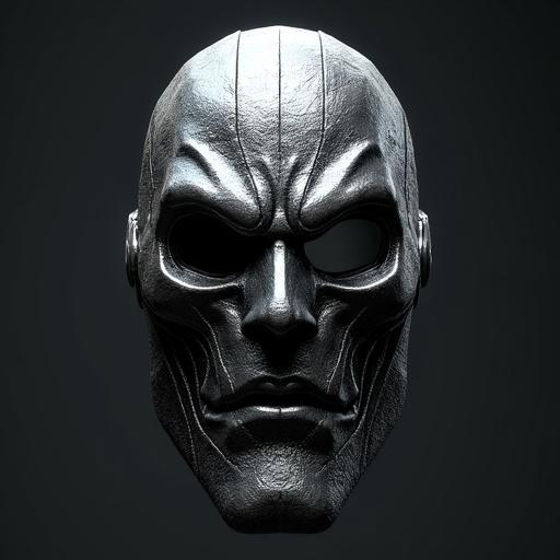Ultra-detailed 3D model of a dark silver Doctor Doom mask. Front view showcasing realistic textures and intricate details. Visible carved iron with translucent features highlighted. High-quality representation of the iconic comic book character.