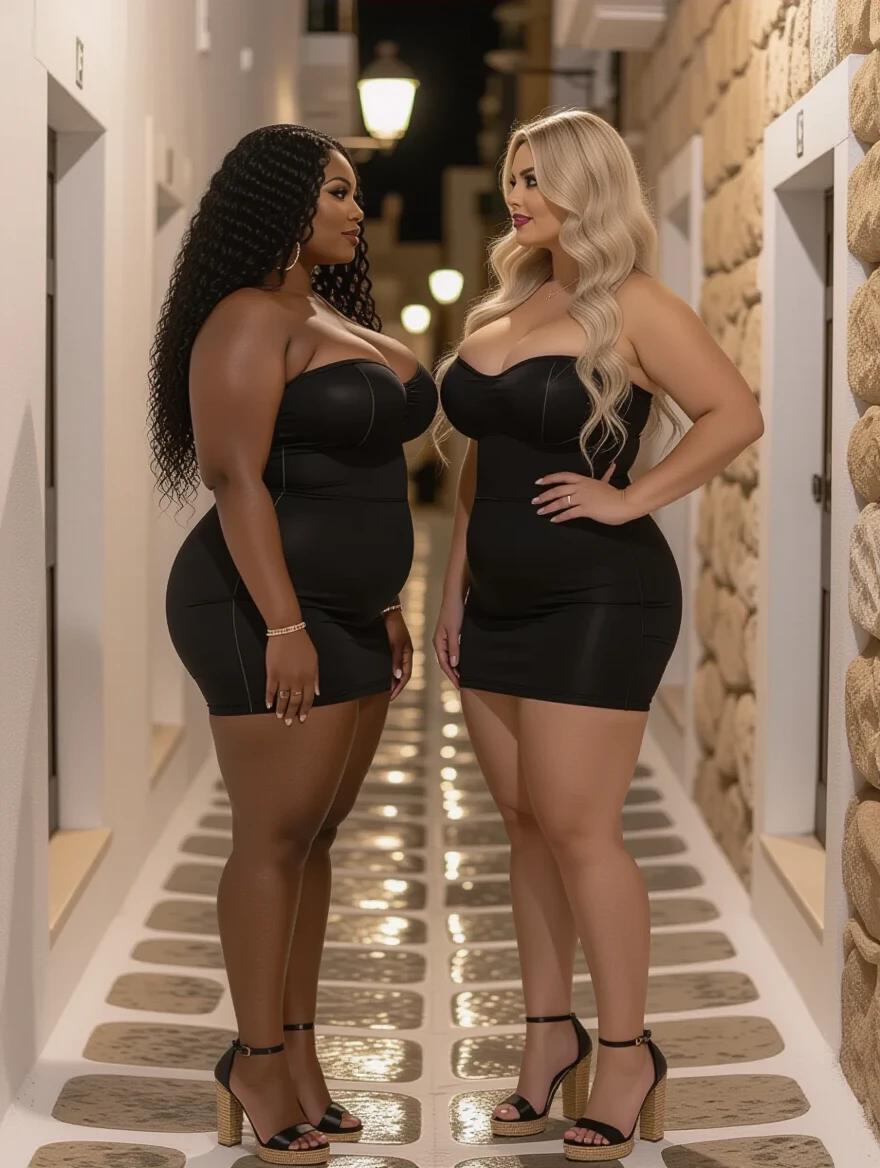 Two women face each other in a narrow alley. One woman has black curly hair and dark skin. The other has long wavy blonde hair and light skin. Both wear strapless black dresses and high heels. The setting features traditional Mykonos architecture and evening lighting.