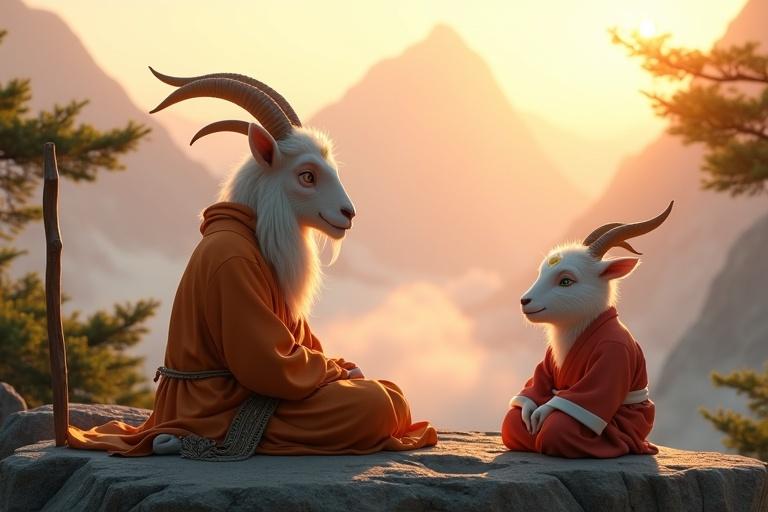 Ultra-HD 4K cinematic scene on a mountain ledge. Serene sunrise with mirage-like mist. Elderly goat Mahaguru with white beard in orange robes. Young goat Kittuu in light red karate gi. Calm expressions with wise exchange. Detailed textures of fur and robes, lush green pines around. Tranquil atmosphere with golden sunlight.