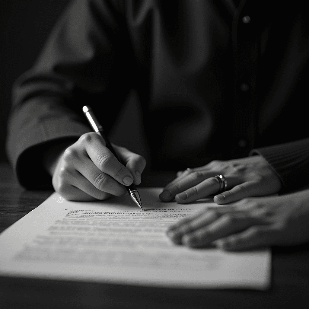 A person in a dark shirt is signing an important document with a pen on a table.