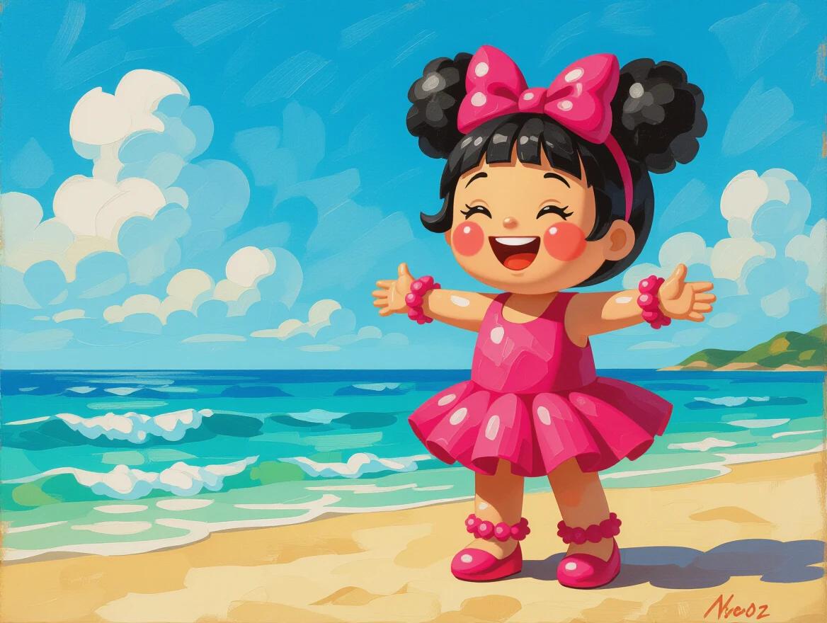 Portrait of a humanoid figure made of pom-poms. Figure has hair styled in a bow. Figure is wearing a bright pink dress. Setting is a beach with ocean waves. Mood inspired by a children’s book. Composition is dramatic. Incorporates mixed media textures. Digital art with bright colors.