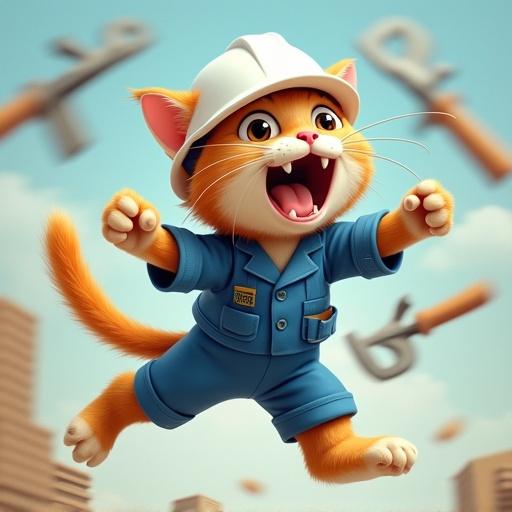 A semi-realistic cat with a white hard hat and blue uniform appears to be flailing mid-air in excitement. The cat's fur is puffed out from the wind, and tools are falling around. Wide-eyed and panicked expression creates a cartoon-style accident scene.
