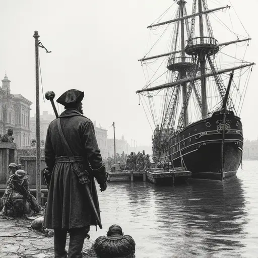 Pen and charcoal sketch depicting pirates loading a ship in dock. Viewed from an elevated perspective of 30 feet. Scene captures the essence of pirate life and historical maritime activities.