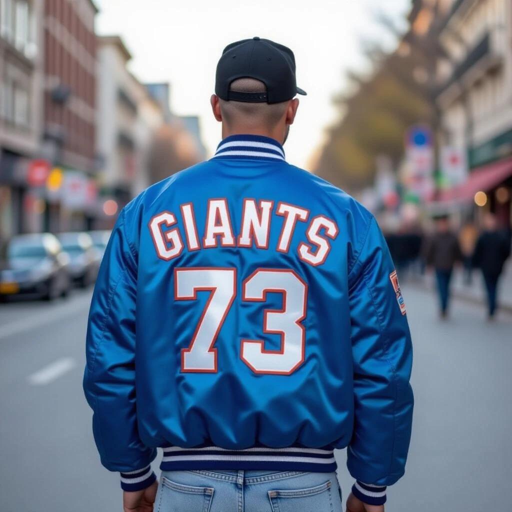 A man wearing a blue satin bomber jacket with large letters on the back. He stands on a street. A black cap is on his head. Light-colored jeans are worn. The setting appears urban and casual.
