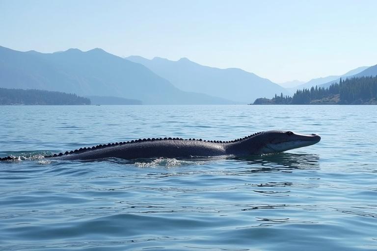 Plesiosaur swimming in Okanagan Lake. Scene captured from Peachland BC showing Rattlesnake Island in the backdrop. Bright daylight and serene mountains are present.