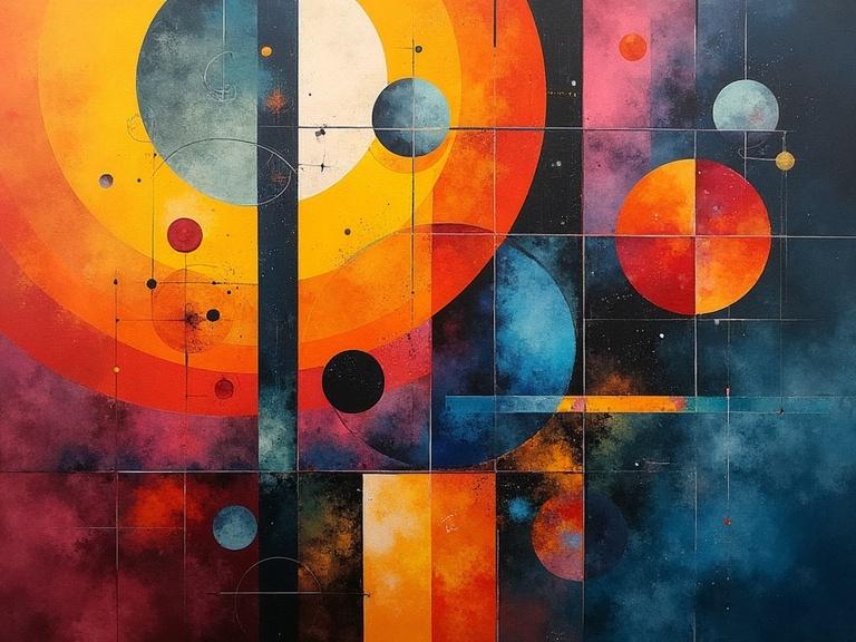 Abstract representation of euphoria with chaotic blending of geometric shapes. Circles and squares intermingle with foggy textures in a style reminiscent of Wassily Kandinsky. Bright and vivid colors dominate the background.