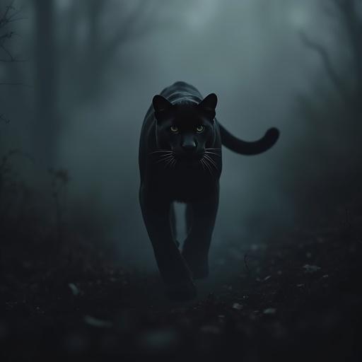 A black panther walks out of dense black smoke in a visually stunning setting. The atmosphere is cinematic with a strong depth of field.