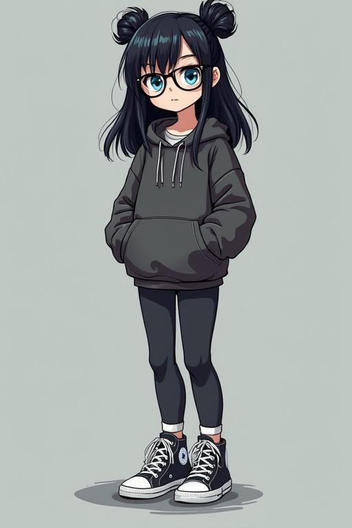 Illustration of a girl with black hair and blue eyes wearing a gray hoodie and black leggings. She has round glasses and is standing in a relaxed pose with hands in her pockets. Wears black and white converse shoes.