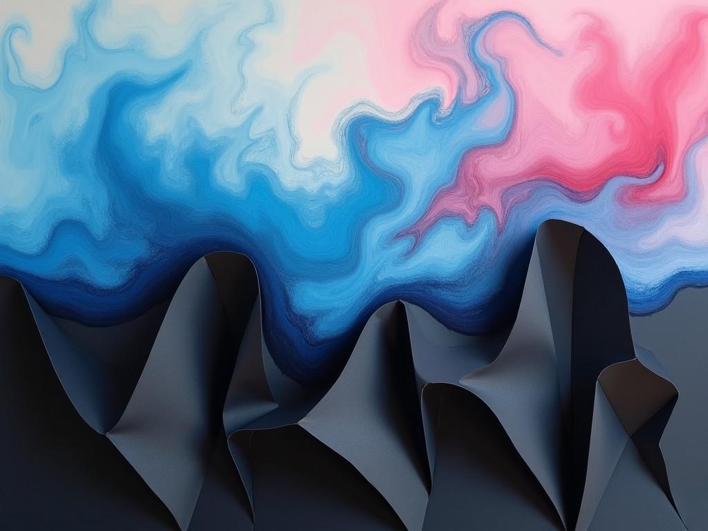 The top half of the image has a swirling, abstract design with blue and pink hues. It looks like a fluid painting with soft, cloud-like shapes. The bottom half is a darker, solid section with angular, geometric patterns, resembling folded black paper. There's a contrast between the vibrant, light top and the dark, structured bottom. The overall composition gives a sense of fluidity meeting structure.