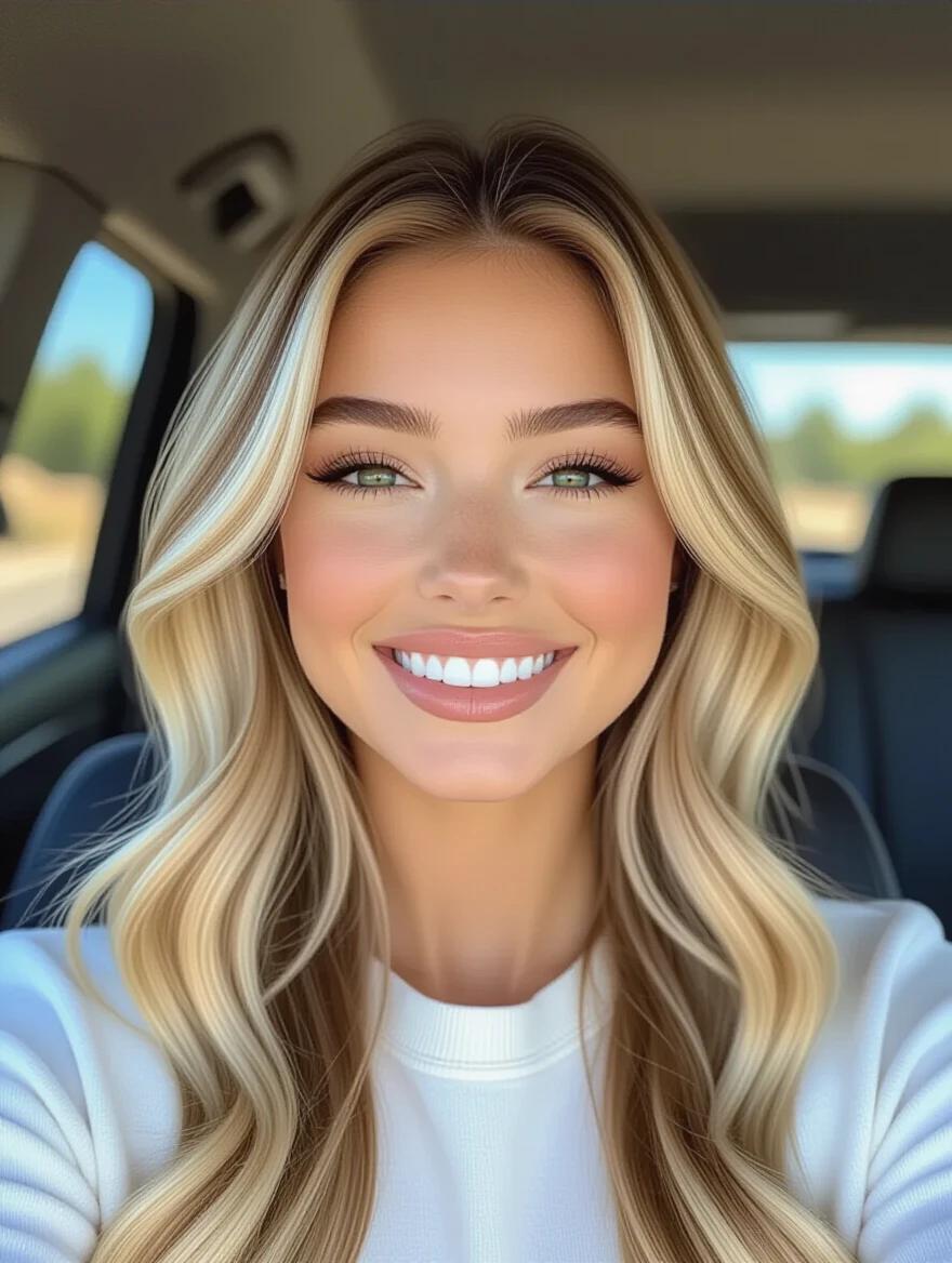 Medium close-up of a young adult woman captured inside a vehicle. She has long, blonde hair and a radiant smile. Her complexion is tan, and she's wearing makeup. The background shows a blurred outdoor setting. Bright and natural lighting enhances her features. The bottom shows a video player interface.