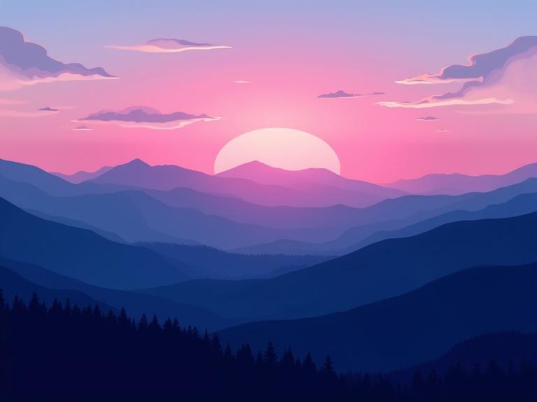 Photograph of a mountain range at sunset. Vibrant colors fill the sky with pink and purple hues. Blue gradient transitions into the dark silhouettes of surrounding mountains. Scattered clouds feature dark outlines against the colorful backdrop. The atmosphere exudes peace and tranquility. Soft gradients accentuate the sharp-edged peaks. Layers of mountains create depth in the distance with subtle shadows and no human presence. The scene captures dusk's warm glow, showcasing nature's beauty and picturesque scenery.