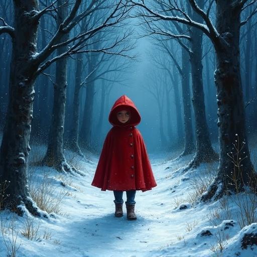 A child stands in a snowy forest path wearing a bright red cloak. The woods are dark and eerie. An otherworldly glow surrounds the child. The style is inspired by manga art and impasto techniques, creating a textured appearance.