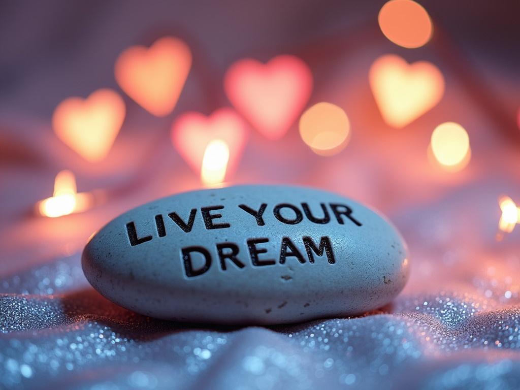 A smooth, oval-shaped stone is placed on a shimmering surface. The stone has the phrase 'LIVE YOUR DREAM' elegantly carved into its surface. In the background, there are out-of-focus lights in the shape of hearts, creating a romantic and inspiring atmosphere. Soft glows of various pastel colors illuminate the scene, enhancing its beauty. The overall composition exudes positivity and motivation, making it perfect for uplifting messages.