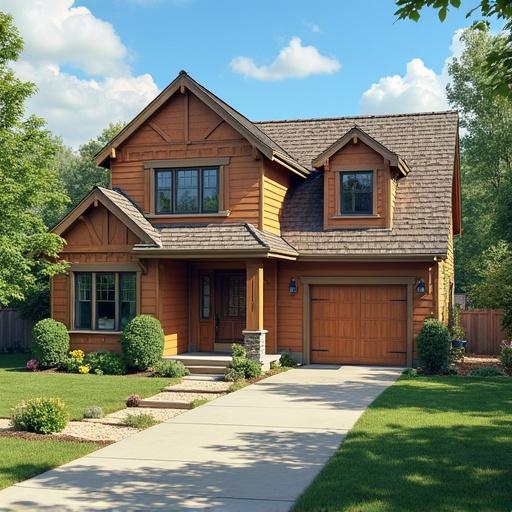A two-story modern home with a shingle roof. The facade features wood siding and a welcoming front porch. A landscaped yard with shrubs and a pathway leads to the front door.