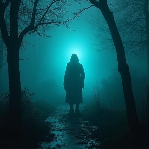 Ghostly figure in a foggy graveyard at night. A person stands on a dimly lit path surrounded by trees. A mysterious glowing light is behind them.