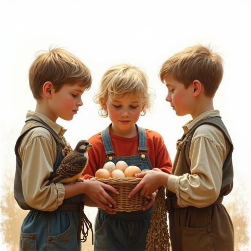 Oil painting of three farm boys with a basket of eggs. They exhibit wonder and joy. The scene features a white background. The boys have a hawk with them. An old peasant woman is giving them more eggs. High detail in the characters and scene.
