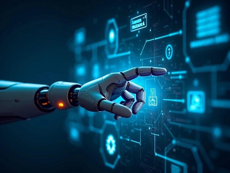 Futuristic hero section image for AI automation business. Features sleek technology interface with glowing circuits. Robotic hand interacts seamlessly with holographic control panels. Symbolizes intelligent automation and efficiency. Background gradient of deep blues and vibrant cyans. Subtle elements include gears and network nodes to emphasize connectivity. High-tech trustworthy vibe.