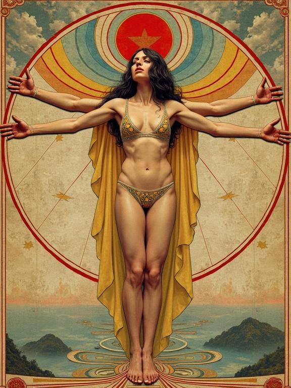 A female reinterpretation of Leonardo Da Vinci's Vitruvian Man in a psychedelic Soviet poster style. Character displays multiple arms. The artwork is photorealistic with vibrant colors.