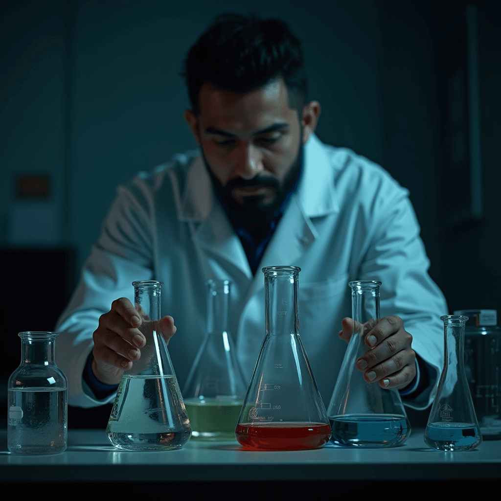 A scientist in a lab coat conducting experiments with colorful liquids in glass beakers.