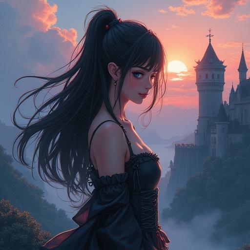 Anime scene featuring a cute, sexy girl with black hair. Background includes fantasy castles. Soft, warm lighting enhances the mystical atmosphere.