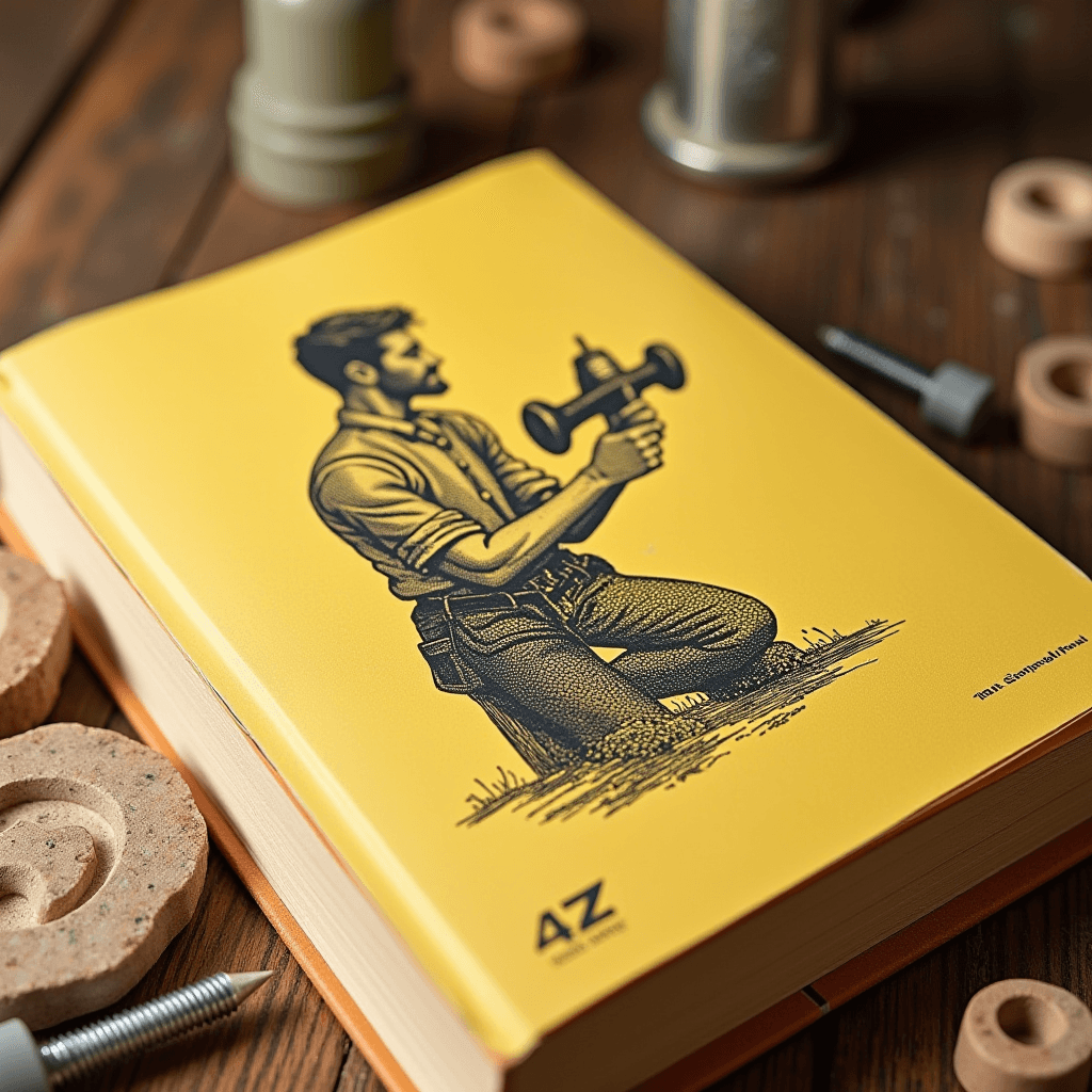 A yellow book featuring a cover illustration of a man working with a tool, surrounded by industrial objects.