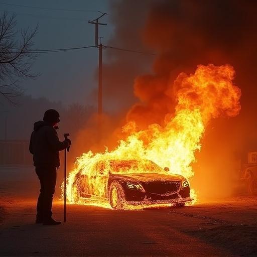 Footage shows a car completely engulfed in flames. A person is standing nearby with a stick. The car has a raging fire around it. Smoke billows into the air.