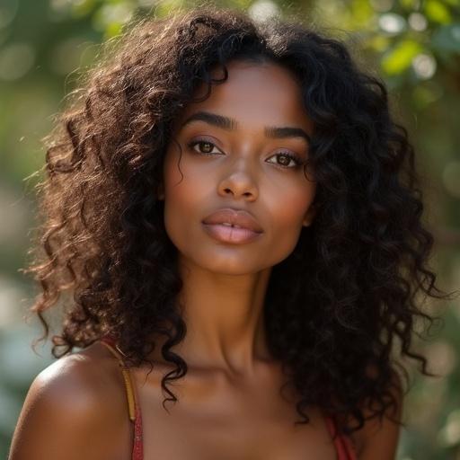 Portrait of a woman with curly hair in a natural setting. She symbolizes the Taurus zodiac sign. Soft lighting enhances her features.