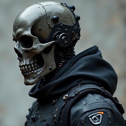 Image of a cybernetic skull soldier wearing stylish tech wear. The soldier has a metal skull with electronic components visible.