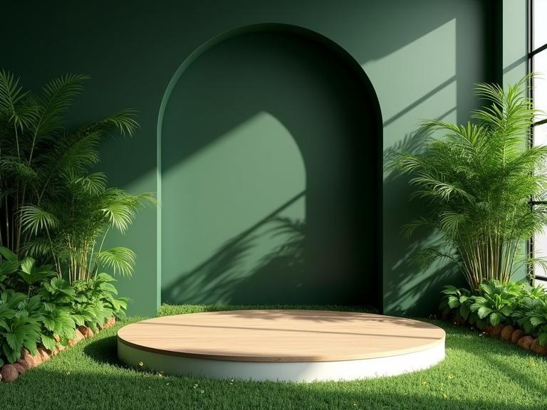 Create serene indoor scene with modern, minimalist aesthetic. Background features smooth, dark green wall with large, arched cutout. In front, lush tropical garden with green plants like ferns and palms on grassy base with yellow wildflowers. Center features circular wooden platform with light wood top and white base. Lighting soft and natural, sunlight streaming in casting shadows of plants on wall.