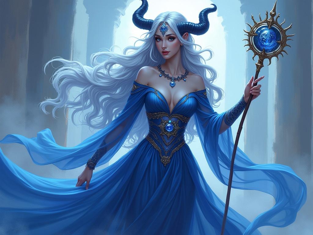 The image features a mystical character with a flowing blue dress and elaborate details. She has striking horns protruding from her head, giving her an otherworldly appearance. In one hand, she holds a staff, which suggests she possesses magical abilities. Her hair cascades elegantly around her shoulders, enhancing her enchanting look. The outfit is adorned with symbols that likely hold special significance in her magical realm. The overall color scheme is vibrant, with shades of blue dominating the image, creating a sense of tranquility and mystery.