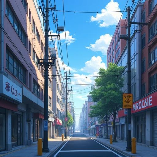 City street side view resembling an anime style. Features empty street, buildings on either side, clear blue sky with clouds. Urban environment.