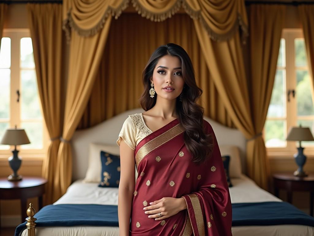 The bedroom is decorated in warm gold tones, with ornate curtains and a large canopy bed. The bed features a cream-colored headboard and is draped with a navy blue blanket. There are two elegant bedside tables with lamps, along with a small table in the corner. Natural light flows in through the windows, illuminating the room. A fair-skinned woman stands gracefully, adorned in a maroon sari embellished with gold polka dots and a beautiful gold border. She is wearing a sleeveless, cream-colored blouse highlighted with lace detail at the neckline. Her brown hair cascades loosely, complementing her elegant attire.