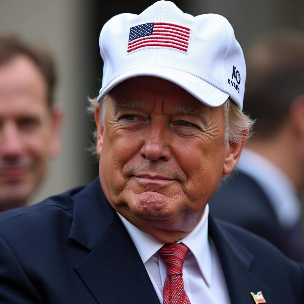 Donald Trump is in The Hague at the NATO summit. He wears a white cap with USA on it. The background shows the royal palace. He is engaged in a political event.