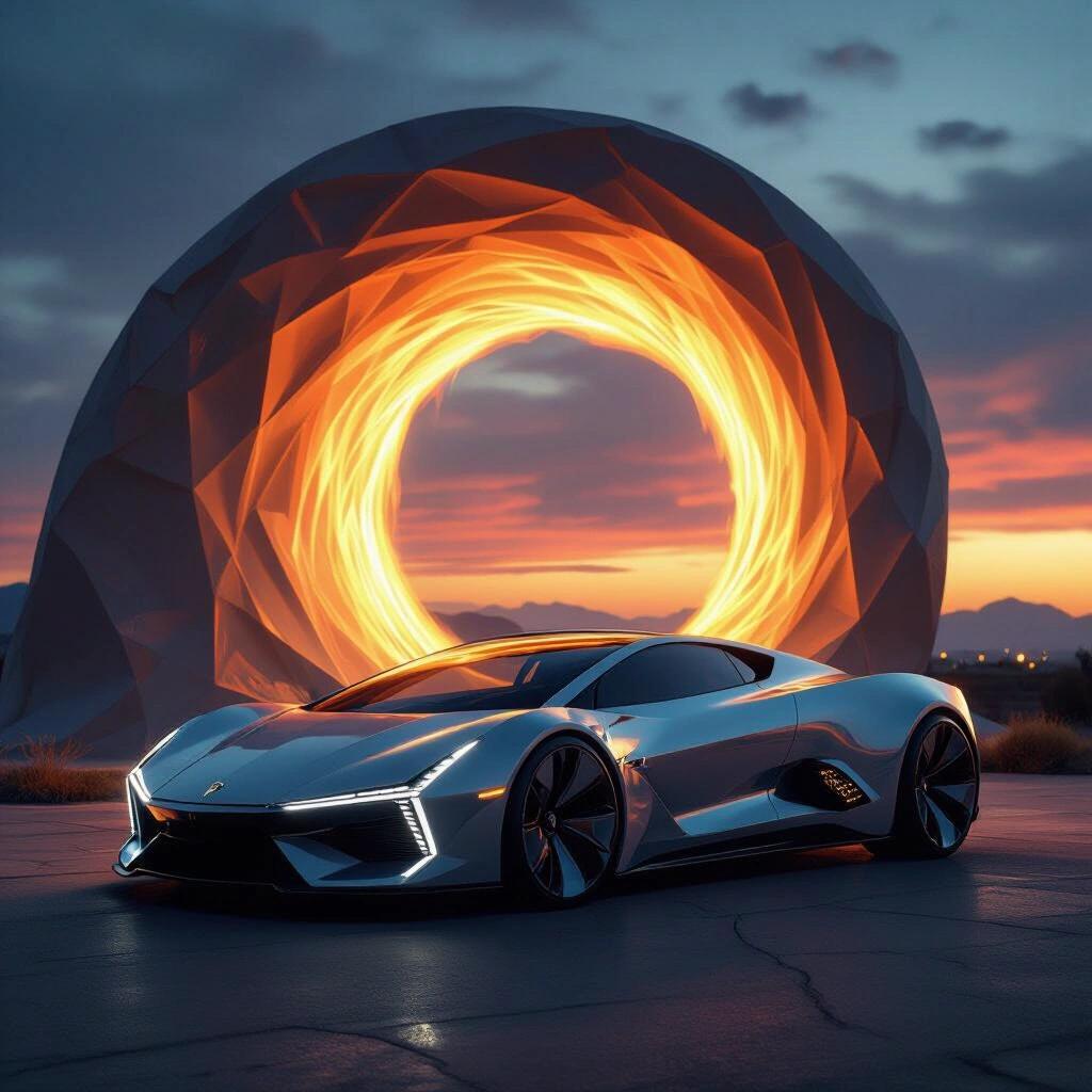 Futuristic angular concept car parked near a swirling alien portal at dark sunset.