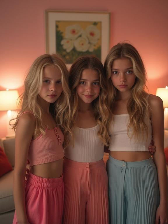 Three beautiful young girls at a birthday party. They have blonde hair and are dressed in stylish, colorful outfits. The setting is a cozy living room decorated with warm lighting and pastel colors.