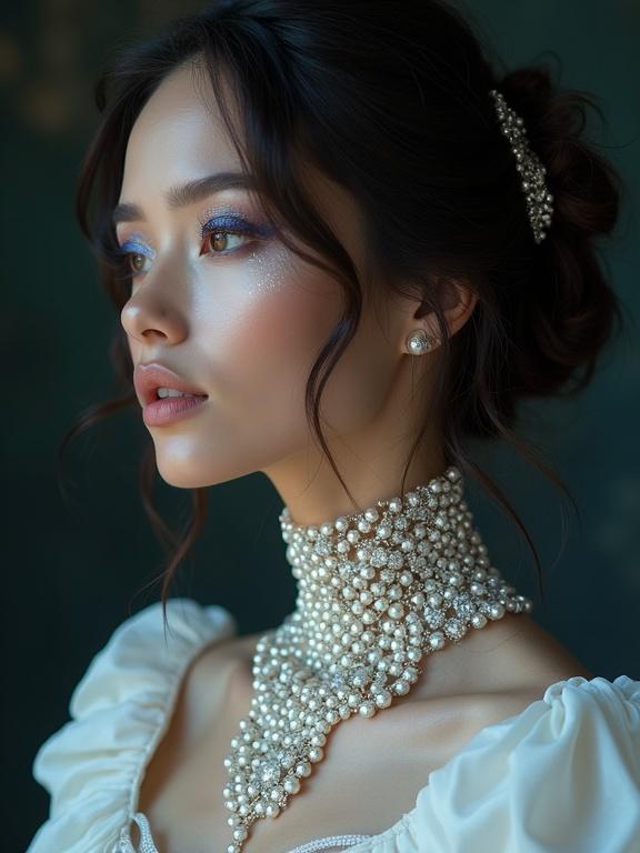 High quality portrait of a woman with pearls around her neck. Her eyeshadow is opalescent. She has a soft curl in her hair. The background is deep and elegant. Her face is photorealistic and detailed.