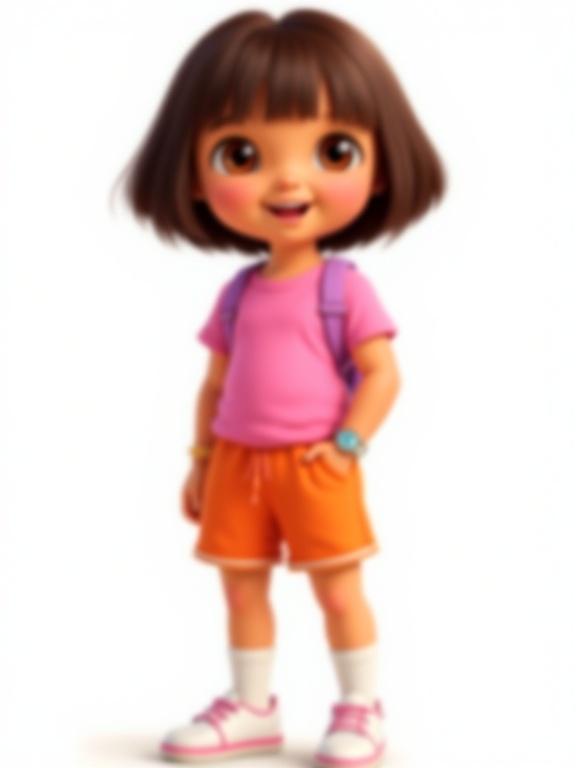 Full body illustration of a cartoon girl with a bob haircut. She has warm light-brown skin and dark eyes. She wears a pink t-shirt and orange shorts. Accessories include white socks and pink sneakers. She stands confidently with hands on hips. Background is white. Warm directional lighting enhances her character. Clean animated style with vibrant colors and smooth shading.